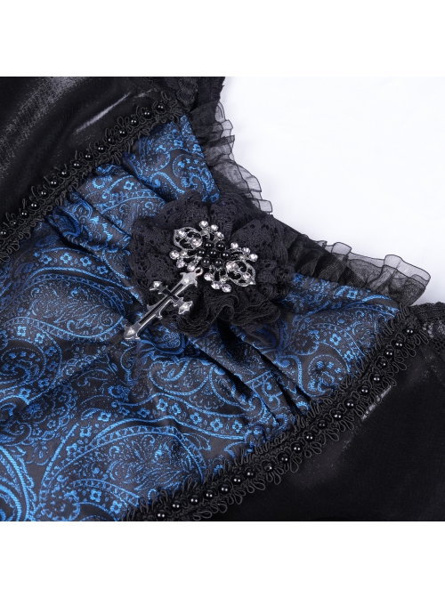 Black And Blue Skull Pattern With Lace Metal Cross Embellished Gothic Style  Suspender Short Sleeve Dress