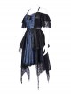 Black And Blue Skull Pattern With Lace Metal Cross Embellished Gothic Style Suspender Short Sleeve Dress