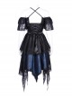 Black And Blue Skull Pattern With Lace Metal Cross Embellished Gothic Style Suspender Short Sleeve Dress