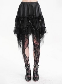 Personalized Irregular Mesh Hem With Metal Cross Pendant Decoration Gothic Style Pleated Skirt