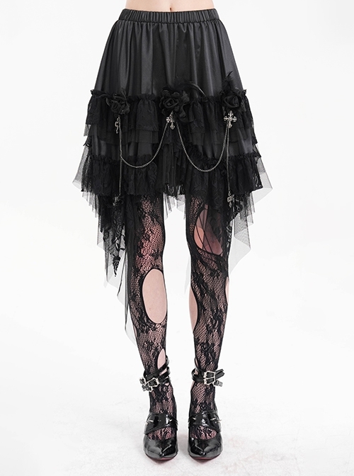 Personalized Irregular Mesh Hem With Metal Cross Pendant Decoration Gothic Style Pleated Skirt