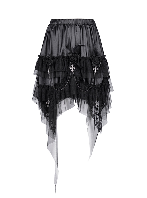 Personalized Irregular Mesh Hem With Metal Cross Pendant Decoration Gothic Style Pleated Skirt