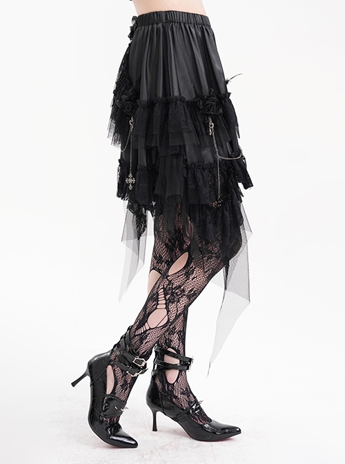 Personalized Irregular Mesh Hem With Metal Cross Pendant Decoration Gothic Style Pleated Skirt
