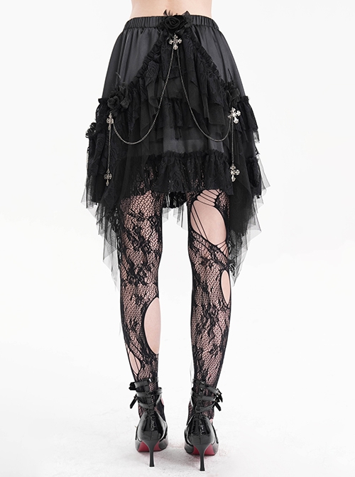 Personalized Irregular Mesh Hem With Metal Cross Pendant Decoration Gothic Style Pleated Skirt