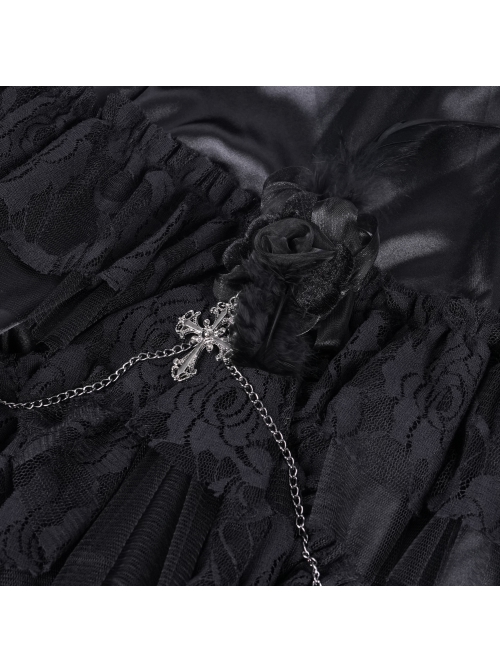 Personalized Irregular Mesh Hem With Metal Cross Pendant Decoration Gothic Style Pleated Skirt