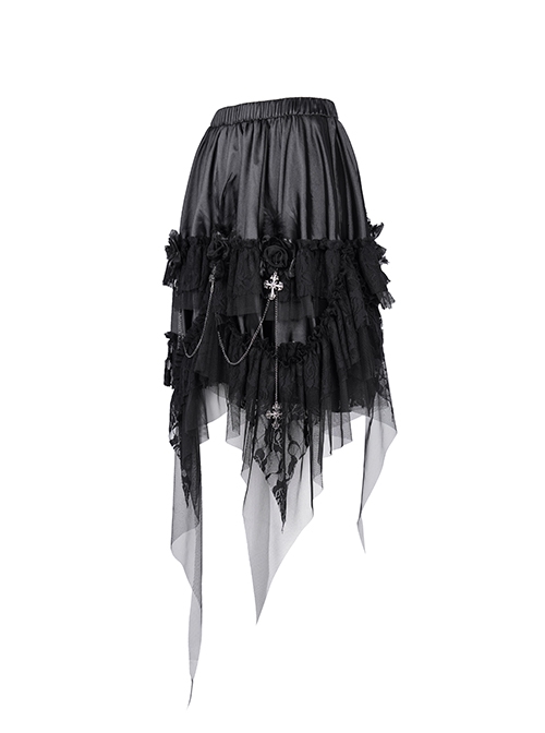 Personalized Irregular Mesh Hem With Metal Cross Pendant Decoration Gothic Style Pleated Skirt