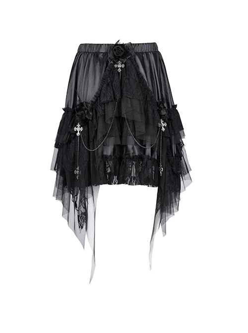 Personalized Irregular Mesh Hem With Metal Cross Pendant Decoration Gothic Style Pleated Skirt