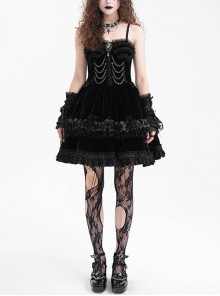Black Luxury Lace Front Metal Chain Decoration Gothic Style Suspender Sleeveless Dress