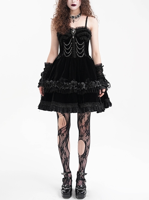 Black Luxury Lace Front Metal Chain Decoration Gothic Style Suspender Sleeveless Dress