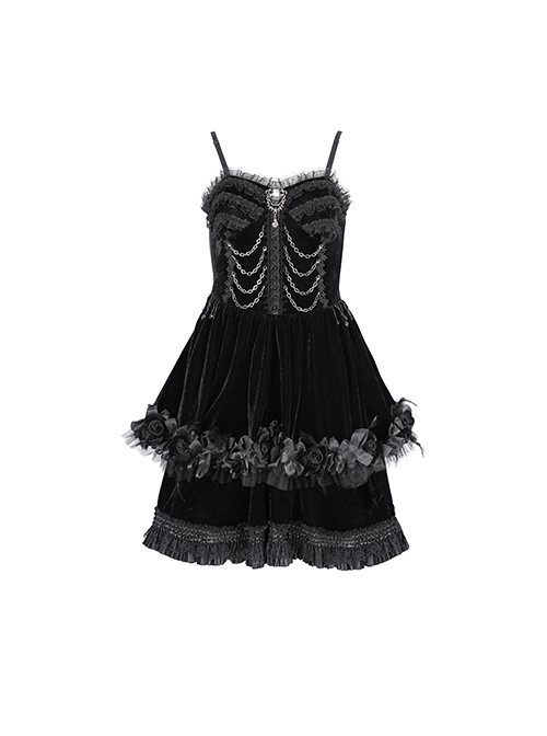 Black Luxury Lace Front Metal Chain Decoration Gothic Style Suspender Sleeveless Dress