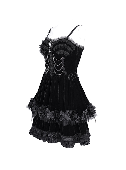 Black Luxury Lace Front Metal Chain Decoration Gothic Style Suspender Sleeveless Dress