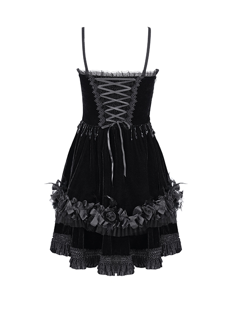 Black Luxury Lace Front Metal Chain Decoration Gothic Style Suspender Sleeveless Dress