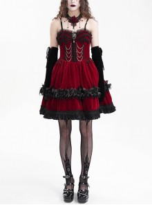 Wine Red Luxury Lace Front Metal Chain Decoration Gothic Style Suspender Sleeveless Dress