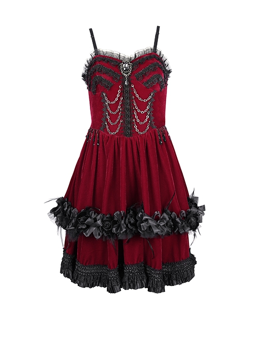 Wine Red Luxury Lace Front Metal Chain Decoration Gothic Style Suspender Sleeveless Dress