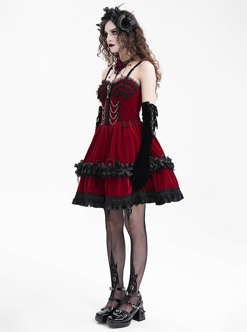 Wine Red Luxury Lace Front Metal Chain Decoration Gothic Style Suspender Sleeveless Dress