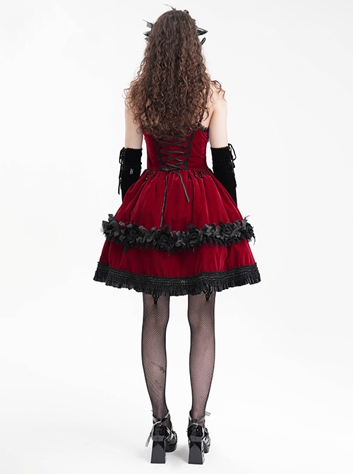 Wine Red Luxury Lace Front Metal Chain Decoration Gothic Style Suspender Sleeveless Dress
