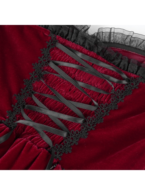 Wine Red Luxury Lace Front Metal Chain Decoration Gothic Style Suspender Sleeveless Dress
