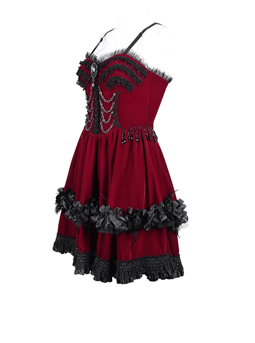 Wine Red Luxury Lace Front Metal Chain Decoration Gothic Style Suspender Sleeveless Dress
