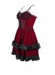 Wine Red Luxury Lace Front Metal Chain Decoration Gothic Style Suspender Sleeveless Dress