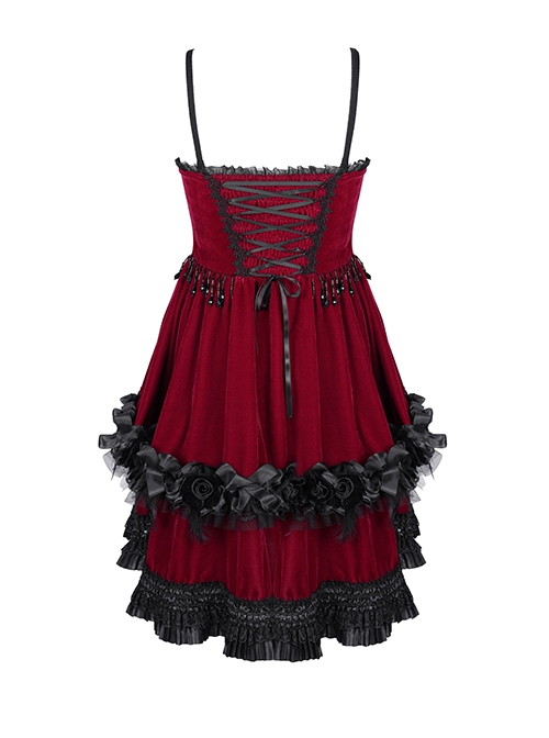 Wine Red Luxury Lace Front Metal Chain Decoration Gothic Style Suspender  Sleeveless Dress