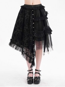 Black Printed Asymmetrical Design Side Bat Wings With Alloy Cross Decoration Gothic Style Lace Skirt