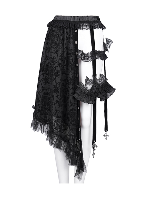 Black Printed Asymmetrical Design Side Bat Wings With Alloy Cross Decoration Gothic Style Lace Skirt
