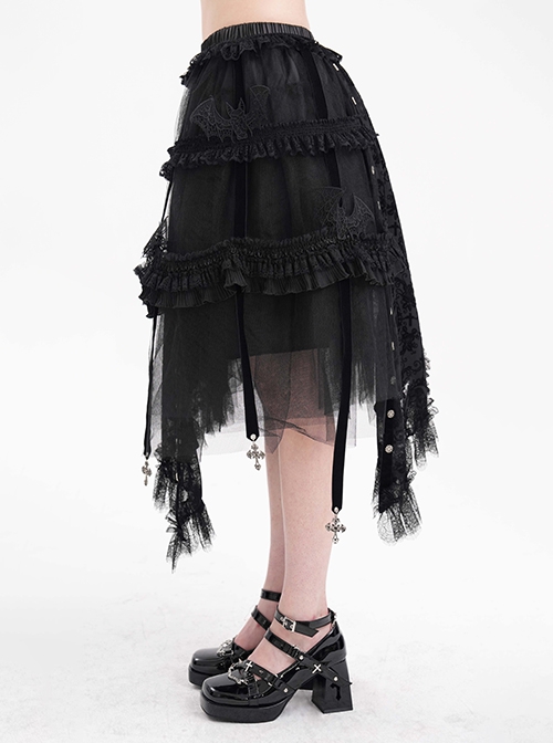 Black Printed Asymmetrical Design Side Bat Wings With Alloy Cross Decoration Gothic Style Lace Skirt