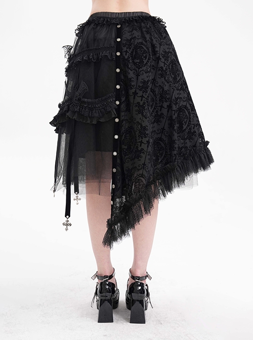 Black Printed Asymmetrical Design Side Bat Wings With Alloy Cross Decoration Gothic Style Lace Skirt