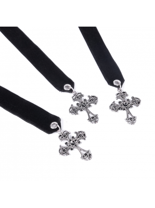 Black Printed Asymmetrical Design Side Bat Wings With Alloy Cross Decoration Gothic Style Lace Skirt