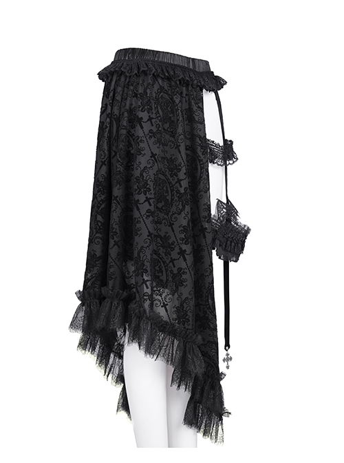 Black Printed Asymmetrical Design Side Bat Wings With Alloy Cross Decoration Gothic Style Lace Skirt
