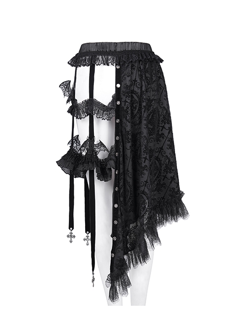 Black Printed Asymmetrical Design Side Bat Wings With Alloy Cross Decoration Gothic Style Lace Skirt