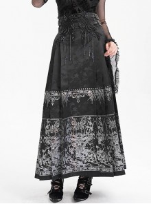 Adjustable Dark Black Devil Print Chinese Gothic Style Horse Face Skirt