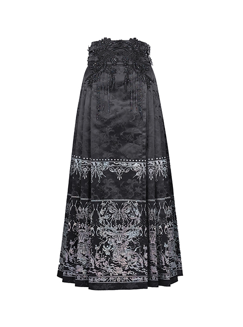 Adjustable Dark Black Devil Print Chinese Gothic Style Horse Face Skirt