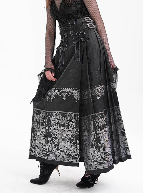 Adjustable Dark Black Devil Print Chinese Gothic Style Horse Face Skirt