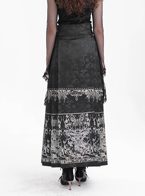 Adjustable Dark Black Devil Print Chinese Gothic Style Horse Face Skirt