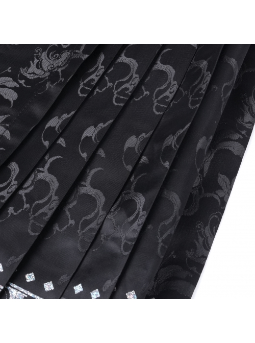 Adjustable Dark Black Devil Print Chinese Gothic Style Horse Face Skirt