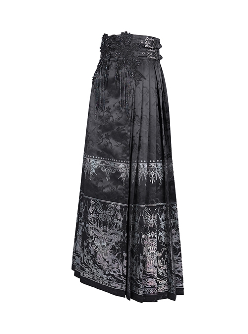 Adjustable Dark Black Devil Print Chinese Gothic Style Horse Face Skirt
