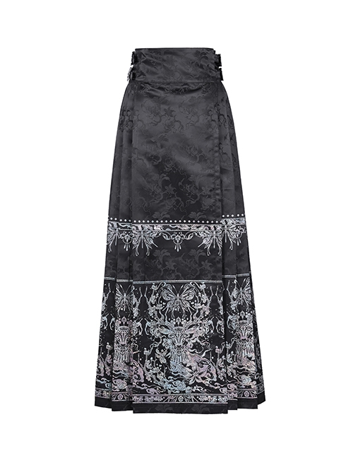 Adjustable Dark Black Devil Print Chinese Gothic Style Horse Face Skirt