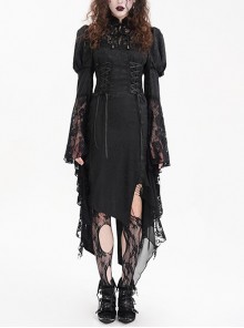 Irregular Black Lace Front And Back Cross Tie Neckline Chinese Bow Tie Decoration Gothic Style Long Sleeved Dress
