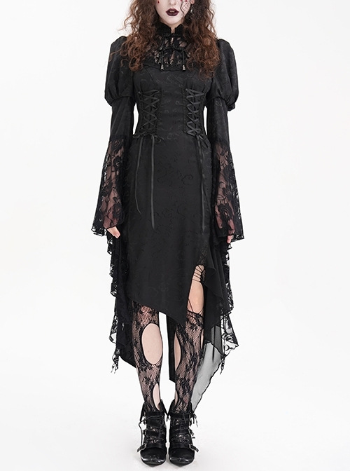 Irregular Black Lace Front And Back Cross Tie Neckline Chinese Bow Tie Decoration Gothic Style Long Sleeved Dress