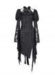 Irregular Black Lace Front And Back Cross Tie Neckline Chinese Bow Tie Decoration Gothic Style Long Sleeved Dress