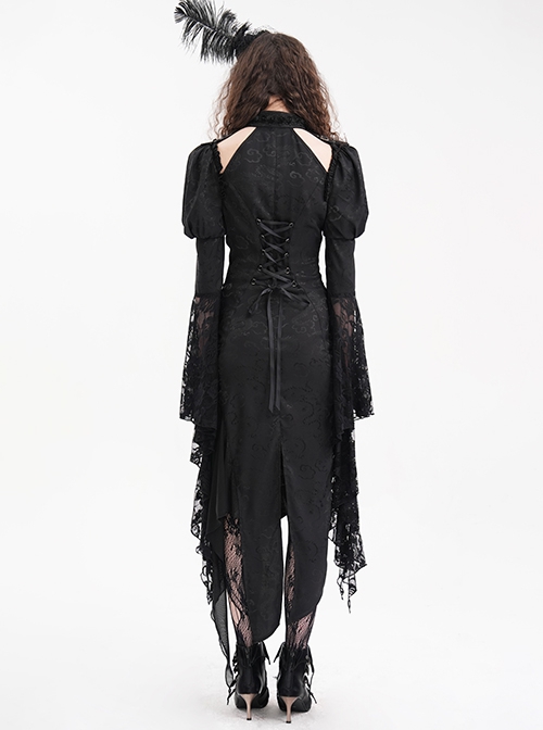 Irregular Black Lace Front And Back Cross Tie Neckline Chinese Bow Tie Decoration Gothic Style Long Sleeved Dress