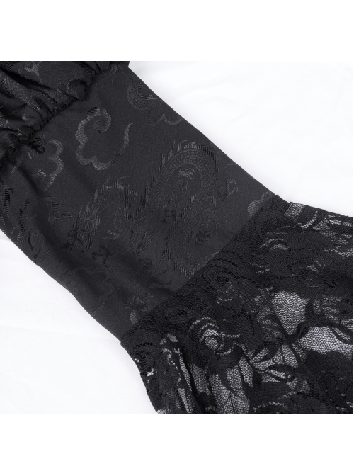 Irregular Black Lace Front And Back Cross Tie Neckline Chinese Bow Tie Decoration Gothic Style Long Sleeved Dress