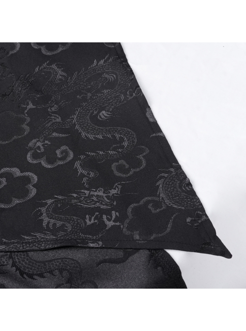 Irregular Black Lace Front And Back Cross Tie Neckline Chinese Bow Tie Decoration Gothic Style Long Sleeved Dress
