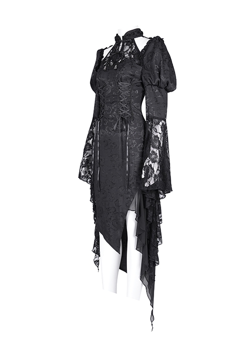 Irregular Black Lace Front And Back Cross Tie Neckline Chinese Bow Tie Decoration Gothic Style Long Sleeved Dress