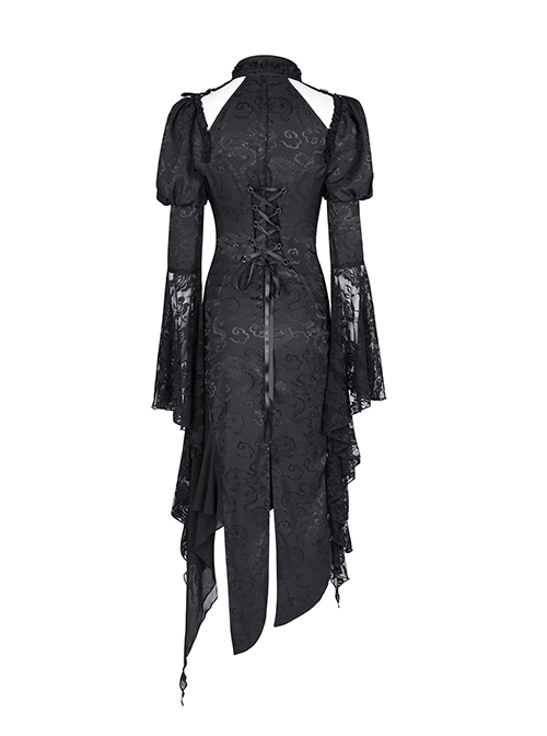 Irregular Black Lace Front And Back Cross Tie Neckline Chinese Bow Tie Decoration Gothic Style Long Sleeved Dress
