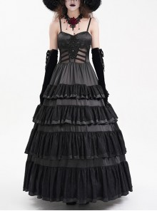 Black Fluffy Sexy Suspenders Pleated Lace Trim Gothic Style Sleeveless Dress