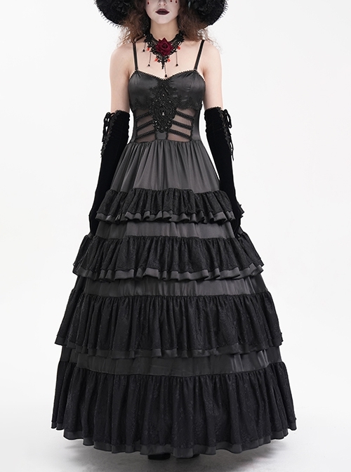 Black Fluffy Sexy Suspenders Pleated Lace Trim Gothic Style Sleeveless Dress