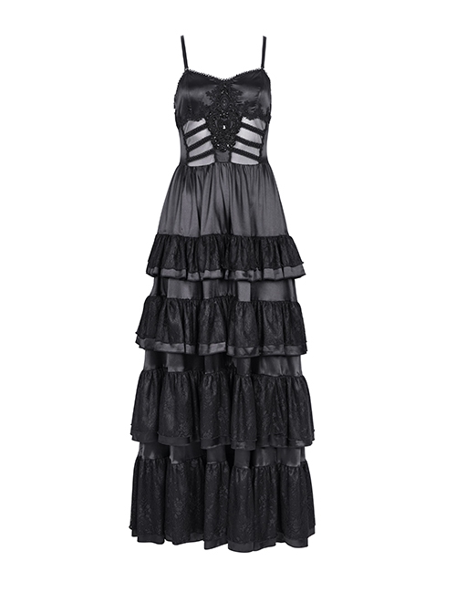 Black Fluffy Sexy Suspenders Pleated Lace Trim Gothic Style Sleeveless Dress
