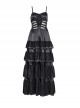 Black Fluffy Sexy Suspenders Pleated Lace Trim Gothic Style Sleeveless Dress